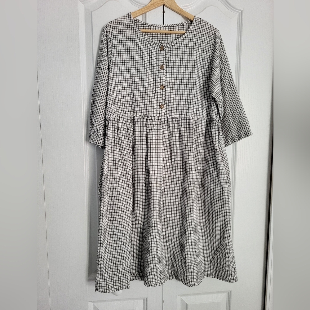 100% Linen Dress Black & White Check Medium